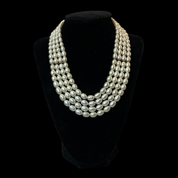 Vintage 4 Strand Pearl Necklace Layered Collar Bib Choker Sterling Silver Clasp - Picture 2 of 10